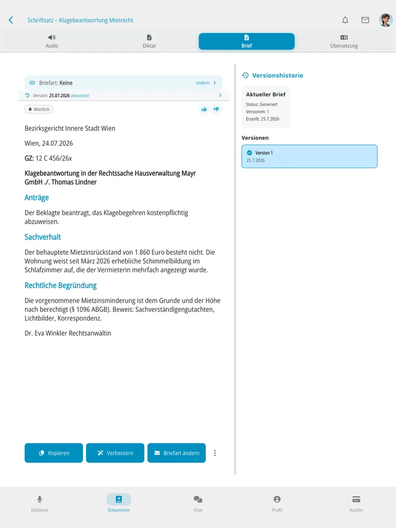 Kanzleihelfer.ai on the iPad: finished statement of defence with version history