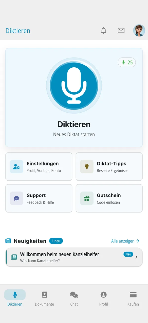 Kanzleihelfer.ai app: home screen with dictation button