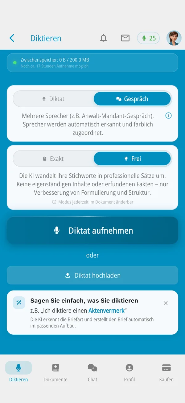 Choosing the dictation mode in the app: dictation or conversation, exact or free