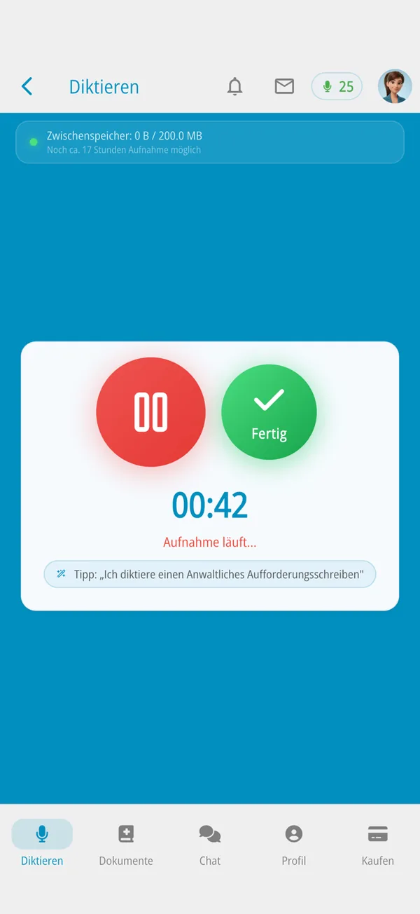 Recording in progress: timer 00:42, tip “I am dictating a letter before action”