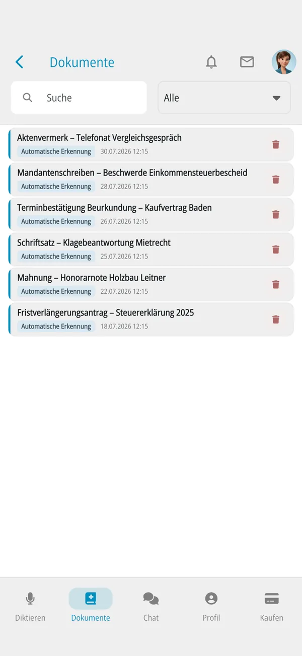 Document list with file note, client letter and payment reminder