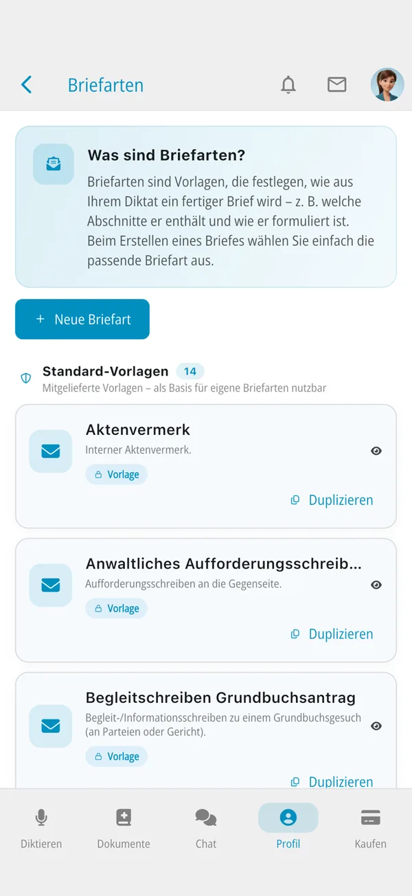 Letter types in the app: file note, letter before action, land register cover letter